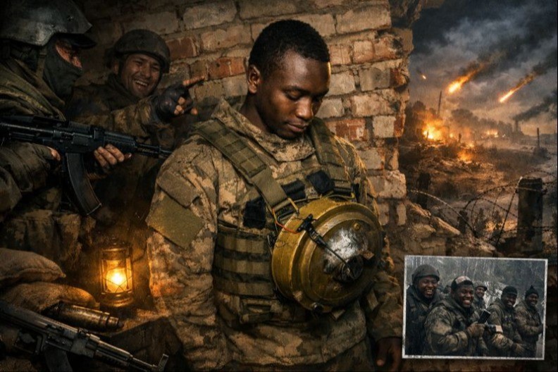 SA MINOM NA GRUDIMA POSLAT U SIGURNU SMRT! Ruska vojska tera afričkog plaćenika da juriša kao ljudska bomba (VIDEO)